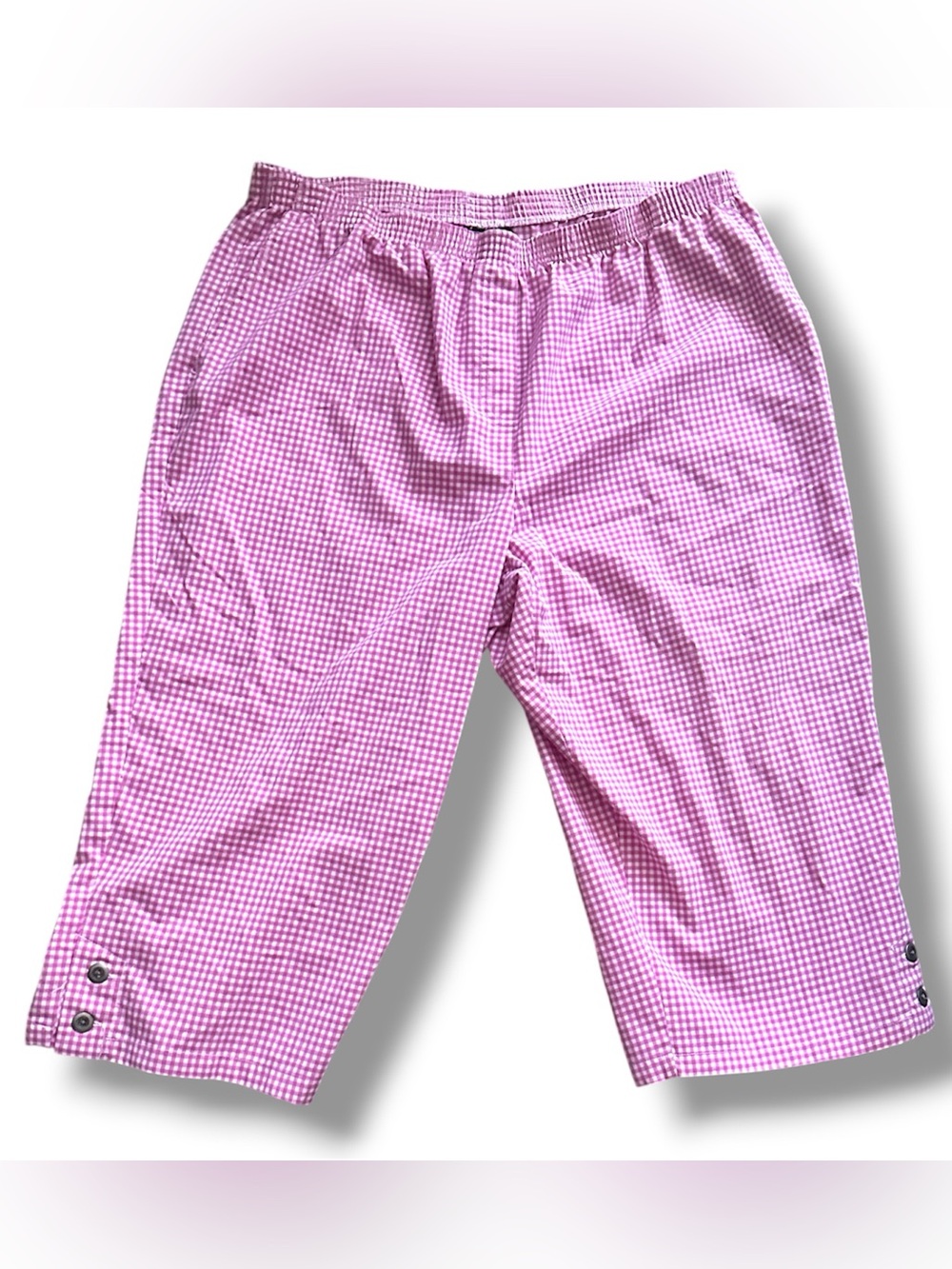 Vintage Pink White Gingham Button Hem Cropped Pants Women’s Plus Size 16 P